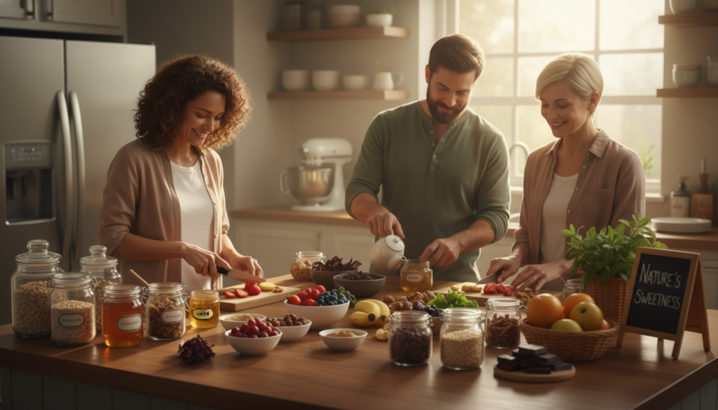 A serene kitchen scene focused on a well-organized countertop filled with natural remedies for managing sugar cravings. In the foreground, a diverse group of three adults, dressed in modest casual clothing, enthusiastically preparing fresh fruits, nuts, and herbal teas. The middle ground features colorful jars filled with honey, spices like cinnamon, and a collection of whole grains. In the background, soft sunlight filters through a window, creating a warm and inviting atmosphere. The composition should be balanced, emphasizing health and wellness. Use a shallow depth of field to softly blur the kitchen appliances in the back. The overall mood conveys a sense of calm, positivity, and empowerment in natural health choices.