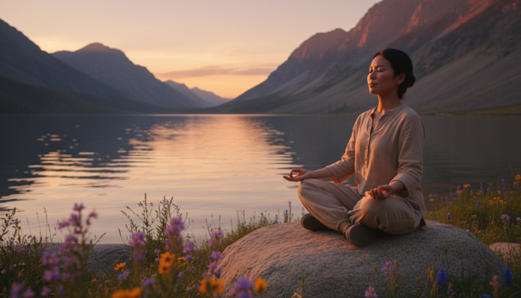 A serene landscape capturing the essence of mindful observation, featuring a calm lakeside scene during golden hour. In the foreground, a person of Asian descent sits cross-legged on a smooth rock, dressed in modest casual clothing, their eyes softly closed in meditation. The middle ground reveals gentle ripples on the water, reflecting the warm hues of the sunset, while wildflowers in soft focus add vibrant touches of color. In the background, majestic mountains rise against the sky, bathed in pastel shades of orange and pink. The atmosphere is tranquil and contemplative, with soft, natural lighting enhancing the peaceful mood. The composition is framed with a slight tilt, emphasizing the sense of exploration and mindfulness in the moment.