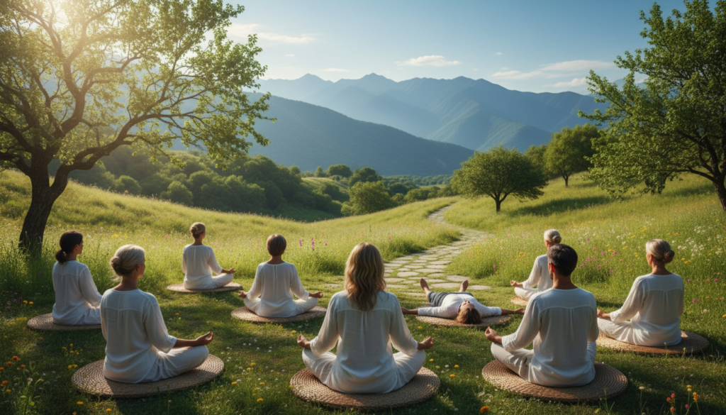 A serene landscape depicting a peaceful outdoor setting, illustrating the physical health benefits of mindful meditation. In the foreground, a diverse group of individuals dressed in comfortable, modest clothing engages in mindful meditation poses, their expressions reflecting tranquility and focus. The middle ground showcases gentle hills and lush greenery, with soft sunlight filtering through the leaves, creating a warm and inviting atmosphere. In the background, a clear blue sky and distant mountains suggest a sense of expansive freedom. The lighting is soft and diffused, enhancing the feeling of calm and wellness. The overall mood is uplifting and harmonious, emphasizing the connection between meditation and improved physical well-being, evoking a sense of peace and vitality.