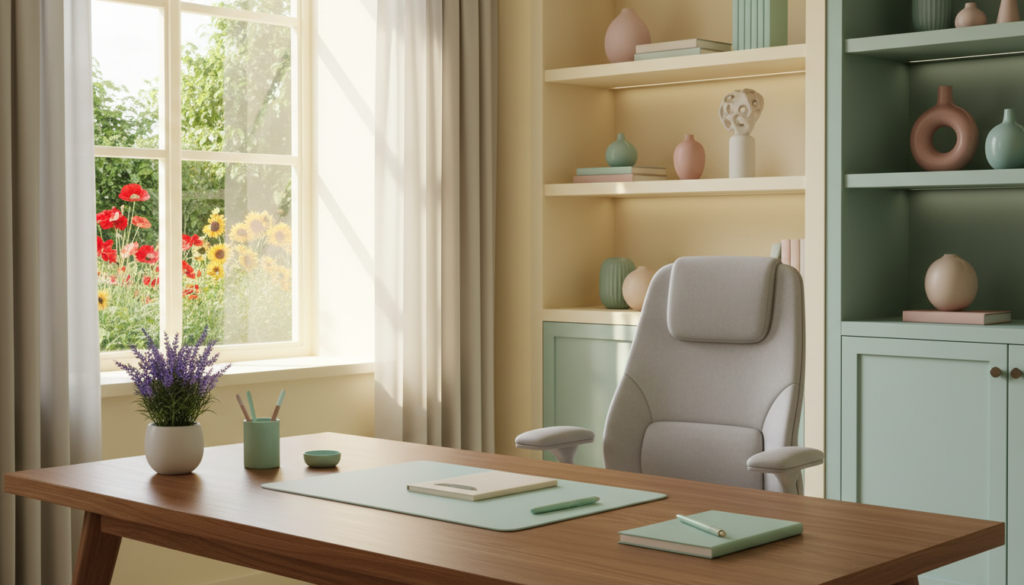 A serene office space promoting mental clarity through color psychology. In the foreground, a neatly organized desk with pastel-colored items—soft blue notepad, mint green pen, and a calming lavender plant. The middle features a large window allowing gentle natural light to flood in, illuminating a soothing palette of pale yellows and greens on the walls. A comfortable chair in light gray faces a view of a tranquil garden with hints of vibrant flowers, contributing to a sense of tranquility. The background shows shelves with decor items in complementary colors, such as soft pinks and serene blues. The atmosphere is peaceful and inviting, encouraging focus and cognitive optimization, captured from a slightly elevated angle to provide depth to the space. A serene office space promoting mental clarity through color psychology. In the foreground, a neatly organized desk with pastel-colored items—soft blue notepad, mint green pen, and a calming lavender plant. The middle features a large window allowing gentle natural light to flood in, illuminating a soothing palette of pale yellows and greens on the walls. A comfortable chair in light gray faces a view of a tranquil garden with hints of vibrant flowers, contributing to a sense of tranquility. The background shows shelves with decor items in complementary colors, such as soft pinks and serene blues. The atmosphere is peaceful and inviting, encouraging focus and cognitive optimization, captured from a slightly elevated angle to provide depth to the space.