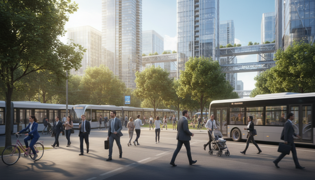 A vibrant scene depicting an active urban environment that embodies "daily movement." In the foreground, a diverse group of individuals in professional business attire engages in various activities such as walking, cycling, and using public transport. In the middle ground, a sunny park filled with people playing frisbee, jogging, and enjoying leisurely strolls on tree-lined paths. The background features modern office buildings, encouraging an atmosphere of productivity and vitality. Soft, natural lighting enhances the scene, casting dynamic shadows, while a wide-angle perspective captures the bustling energy of the city. The overall mood is uplifting and motivational, emphasizing the importance of incorporating movement into daily life for improved well-being and metabolism. A vibrant scene depicting an active urban environment that embodies "daily movement." In the foreground, a diverse group of individuals in professional business attire engages in various activities such as walking, cycling, and using public transport. In the middle ground, a sunny park filled with people playing frisbee, jogging, and enjoying leisurely strolls on tree-lined paths. The background features modern office buildings, encouraging an atmosphere of productivity and vitality. Soft, natural lighting enhances the scene, casting dynamic shadows, while a wide-angle perspective captures the bustling energy of the city. The overall mood is uplifting and motivational, emphasizing the importance of incorporating movement into daily life for improved well-being and metabolism.