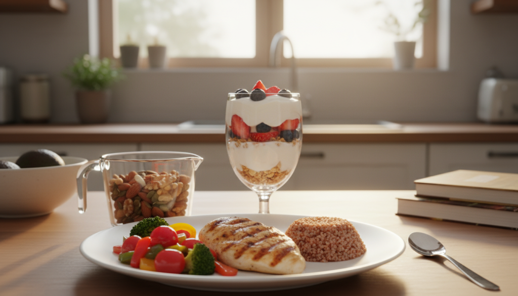 A visually appealing arrangement of healthy foods focused on macro balance for weight loss. In the foreground, a vibrant plate featuring lean grilled chicken breast, colorful mixed vegetables, and a small serving of whole grains like quinoa. In the middle, a measuring cup filled with nuts and seeds, symbolizing healthy fats, elegantly placed next to a yogurt parfait layered with fresh fruits. The background softly blurs with a kitchen setting, illuminated by warm, natural light filtering through a window, creating an inviting atmosphere. The scene conveys a sense of balance and nutrition, ideal for illustrating the concept of macro balance in a weight loss journey. Aim for a slightly elevated angle to capture the variety and colors vividly. A visually appealing arrangement of healthy foods focused on macro balance for weight loss. In the foreground, a vibrant plate featuring lean grilled chicken breast, colorful mixed vegetables, and a small serving of whole grains like quinoa. In the middle, a measuring cup filled with nuts and seeds, symbolizing healthy fats, elegantly placed next to a yogurt parfait layered with fresh fruits. The background softly blurs with a kitchen setting, illuminated by warm, natural light filtering through a window, creating an inviting atmosphere. The scene conveys a sense of balance and nutrition, ideal for illustrating the concept of macro balance in a weight loss journey. Aim for a slightly elevated angle to capture the variety and colors vividly.