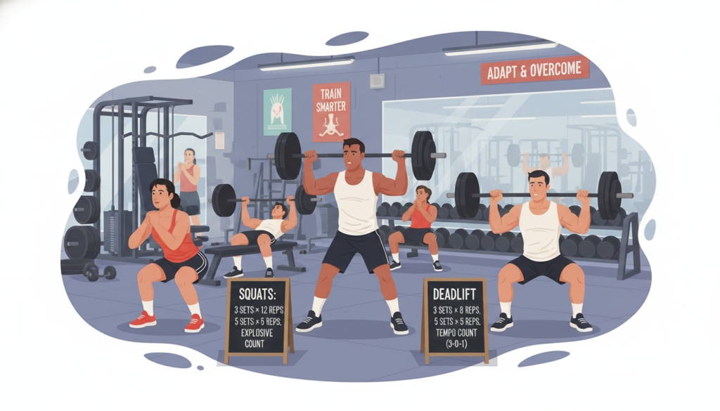 A visually engaging illustration depicting the concept of "rep counting strategies" for various exercises. In the foreground, a diverse group of individuals in modest athletic wear are shown performing different exercises, such as squats, bench presses, and deadlifts. Each person is focused and demonstrates proper form, with varied rep counts indicated on small, discreet chalkboards beside them. In the middle, a vibrant gym interior is visible, featuring workout equipment and motivational posters. The background captures gym details such as mirrors and weights stacked on racks. Soft, dynamic lighting enhances the scene, creating a motivational atmosphere. The image should convey a sense of determination and focus, highlighting the importance of adapting rep counting strategies to different exercises.