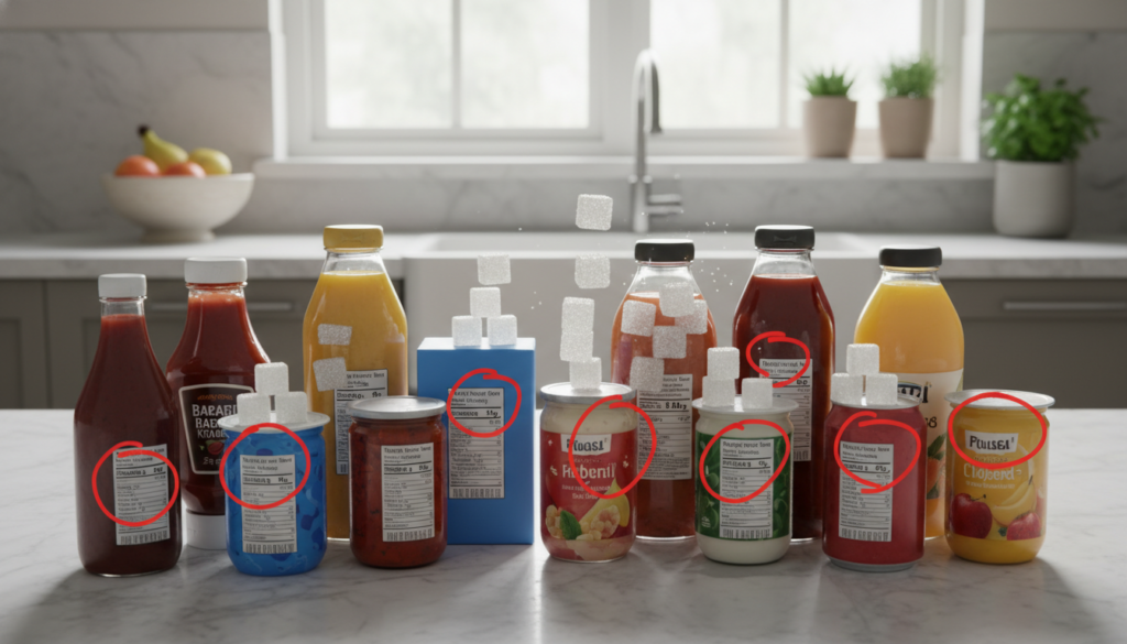 A visually striking image that illustrates the concept of hidden sugars in everyday foods. In the foreground, a variety of common grocery items like sauces, cereals, and drinks are arranged to showcase nutritional labels, highlighting sugar content. The middle ground should feature an overlay of sugar cubes subtly blending into the foods, symbolizing hidden sugars. The background should depict a bright, clean kitchen setting with natural light filtering through a window, creating a warm and inviting atmosphere. The focus should be sharp on the food items, using a shallow depth of field to gently blur the kitchen surroundings. The mood should evoke curiosity and awareness about sugar consumption without being alarming, inviting viewers to rethink their food choices.