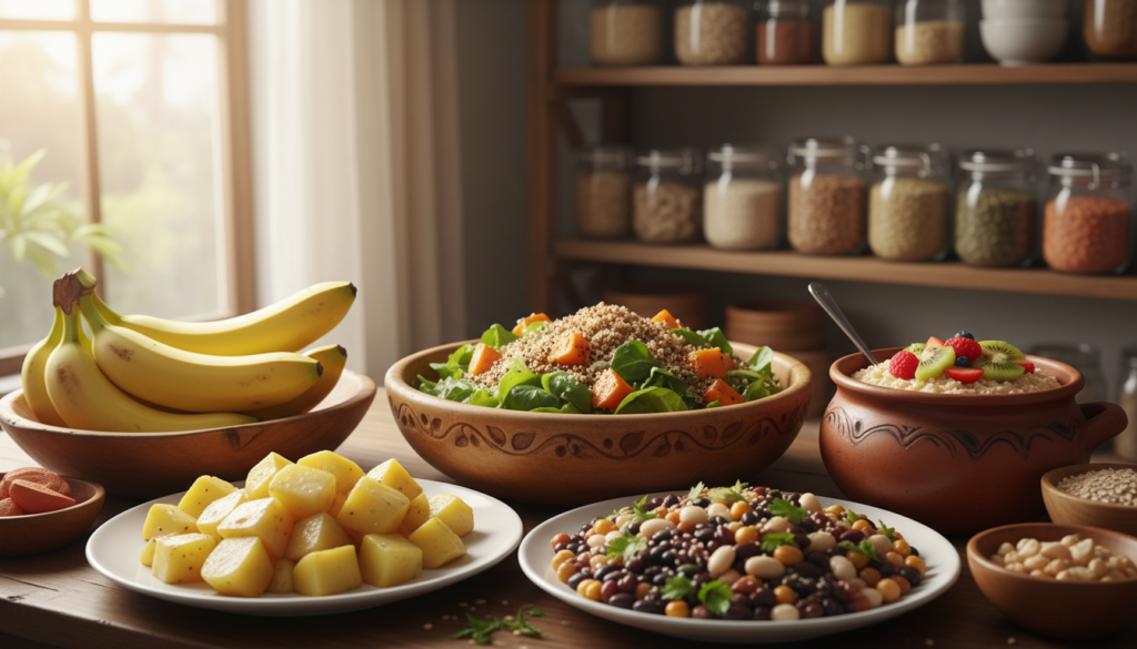 A beautifully arranged kitchen table filled with a variety of healthy foods rich in resistant starch. In the foreground, a bowl of ripe bananas, some cooked and cooled potatoes, and a colorful plate of mixed beans. In the middle, a wholesome green salad featuring chunks of sweet potatoes and quinoa, sprinkled with sesame seeds. A steaming pot of oatmeal with fruits sits nearby, showcasing versatility in incorporating resistant starch. The background reveals shelves stocked with other nutritious ingredients, like whole grains and legumes. Soft natural light filters through a window, creating a warm and inviting atmosphere. The scene emphasizes a healthy lifestyle, promoting gut health and blood sugar control, without any people present.