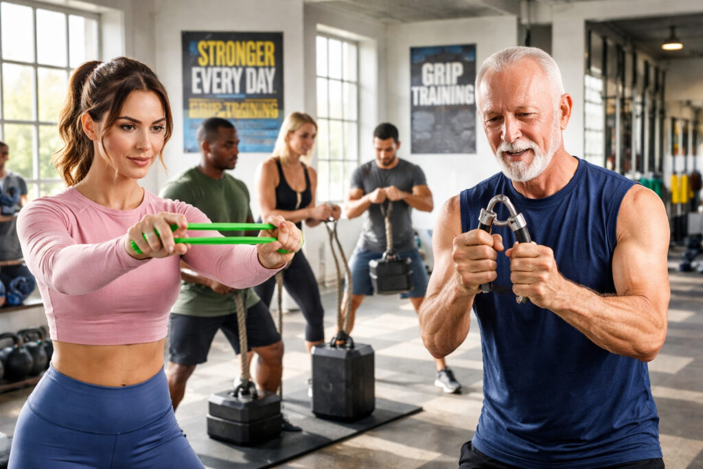 A bright and energetic gym setting featuring a diverse group of individuals performing various grip strength exercises. In the foreground, a young woman in modest athletic wear demonstrates a dynamic hand grip exercise using a resistance band, her focus evident. Beside her, an older gentleman is utilizing a hand gripper, showcasing determination. In the middle ground, a small group of people is engaged in a grip training class, using weights and tools specifically designed for improving grip strength. The gym has bright, natural lighting streaming through large windows, casting soft shadows. The background includes motivational posters on the walls and gym equipment neatly arranged, creating an inviting and encouraging atmosphere for fitness. The mood is motivational and dynamic, inspiring viewers to integrate grip workouts into their routines.