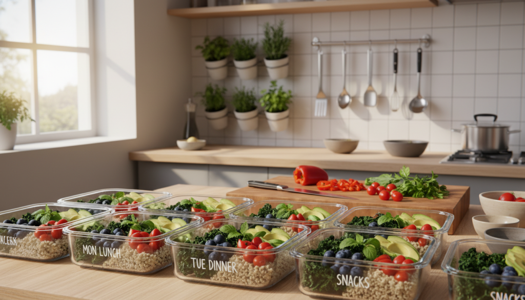 A bright, well-organized kitchen setting featuring a variety of colorful meal prep containers filled with vibrant superfoods like kale, quinoa, blueberries, and avocados. In the foreground, a close-up of neatly labeled glass containers showcases portioned meals, emphasizing freshness. In the middle, a polished wooden counter holds a cutting board with freshly chopped vegetables and herbs, suggesting preparation action. The background reveals stylish kitchen utensils and a wall-mounted herb garden, bathed in warm, natural light streaming in from a large window, creating an inviting atmosphere. The image conveys a sense of health, organization, and culinary creativity, appealing to health-conscious individuals looking for inspiration in meal prepping.