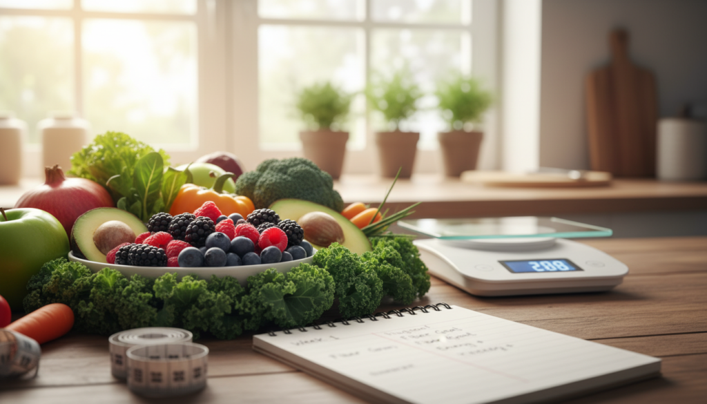 A close-up view of a vibrant assortment of colorful fruits and vegetables, including kale, berries, and avocados, artfully arranged on a wooden table to symbolize rich dietary fiber. In the foreground, a measuring tape and a notepad with hand-written notes tracking progress are subtly included, representing monitoring and adjusting dietary approaches for metabolism. The middle ground features a digital scale, highlighting the connection to weight loss. The background is softly blurred, depicting a bright, sunlit kitchen with greenery, evoking a fresh and healthy atmosphere. The lighting is warm and inviting, using a natural angle to create a sense of optimism and ease in achieving weight loss goals. A close-up view of a vibrant assortment of colorful fruits and vegetables, including kale, berries, and avocados, artfully arranged on a wooden table to symbolize rich dietary fiber. In the foreground, a measuring tape and a notepad with hand-written notes tracking progress are subtly included, representing monitoring and adjusting dietary approaches for metabolism. The middle ground features a digital scale, highlighting the connection to weight loss. The background is softly blurred, depicting a bright, sunlit kitchen with greenery, evoking a fresh and healthy atmosphere. The lighting is warm and inviting, using a natural angle to create a sense of optimism and ease in achieving weight loss goals.