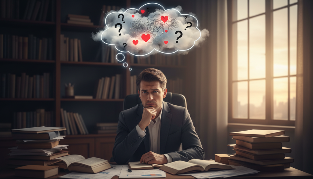A contemplative individual sitting at a desk cluttered with papers and books, their face showing a mix of confusion and clarity, signifying emotional reasoning. The foreground captures the person, dressed in professional business attire, deep in thought, with their hand placed on their chin. In the middle ground, a floating, translucent thought bubble contains swirling clouds and emotive symbols like hearts and question marks, representing conflicting feelings and thoughts. The background features a dimly lit office environment with shelves lined with psychological books and a large window letting in soft, warm light, creating an atmosphere of introspection. The overall mood is reflective and slightly tense, highlighting the struggle between emotions and logic.