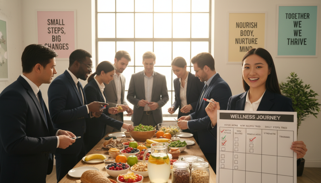 A diverse group of individuals in professional business attire, engaged in a collaborative workshop focused on health and wellness. In the foreground, a young woman is smiling as she marks her progress on a colorful chart, with various health metrics like hydration, new recipes, and exercise routines displayed. In the middle ground, a table is filled with fresh fruits, vegetables, and wholesome foods, highlighting nutritious choices. In the background, a large window provides natural light, illuminating motivational quotes on the walls, creating a warm and hopeful atmosphere. The camera angle is slightly elevated, capturing the lively interaction and positive energy in the room, emphasizing community and support in personal health journeys.