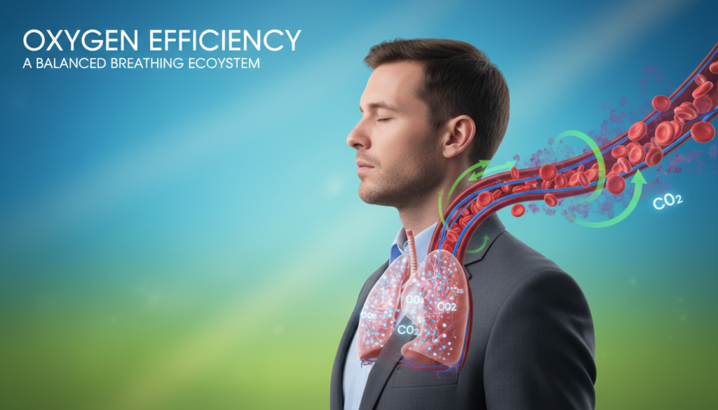 A dynamic illustration of "oxygen efficiency" highlighted by a human figure in professional, modest clothing, depicted mid-breathing, focusing intently on the process of inhalation. The foreground presents strong lungs depicted as translucent, showcasing oxygen absorption at the cellular level with glowing particles representing oxygen molecules flowing into the bloodstream. In the middle ground, vibrant red blood cells circulate, efficiently carrying oxygen, surrounded by visual representations of carbon dioxide tolerance, such as dynamic arrows illustrating exchange. The background features a soft gradient of blue and green, symbolizing fresh air and vitality, with gentle, dappled sunlight filtering through, creating a sense of calm and clarity. The mood is scientific yet serene, emphasizing the importance of optimal oxygen delivery in a balanced breathing ecosystem.