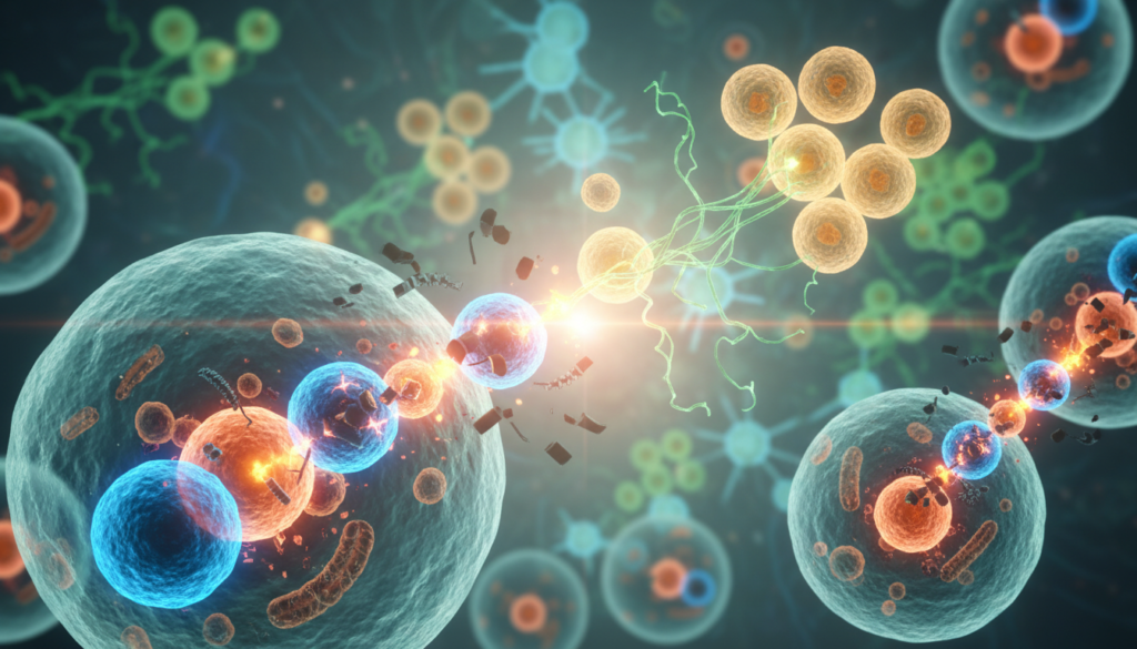 A dynamic visualization of autophagy activation during dry fasting, focusing on cellular processes at a microscopic level. In the foreground, depict a vibrant illustration of cells in the process of autophagy, showcasing lysosomes engulfing damaged organelles, with bright colors highlighting energy release. In the middle ground, show clusters of healthy cells responding positively to fasting, radiating light and vitality. The background should feature a soft-focus of abstract cellular structures, suggesting a science lab atmosphere, with gentle green and blue hues representing health and renewal. Use high-contrast lighting to create depth, with a slight lens flare effect to evoke a sense of hope and rejuvenation. The overall mood should be uplifting and inspiring, conveying the theme of cellular repair and growth.