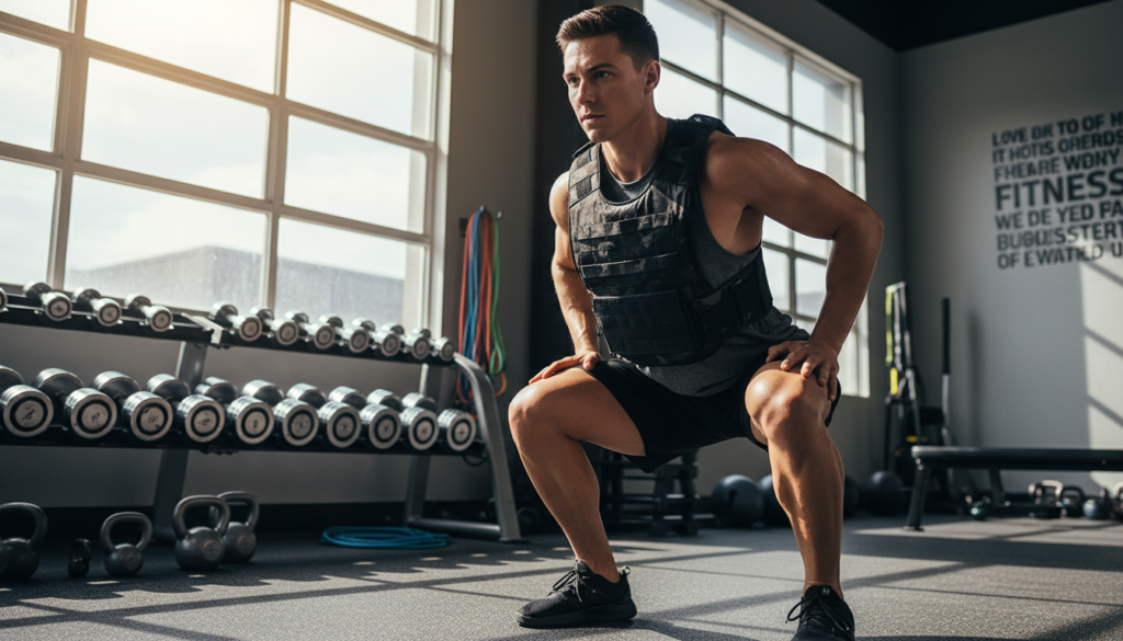 A fit individual in a modest sleeveless athletic top and shorts, wearing a weighted vest, is performing a squat in a well-lit gym setting. The foreground features the individual focused on their form, with sweat glistening on their brow, emphasizing effort and determination. In the middle ground, various gym equipment like dumbbells and resistance bands are neatly organized around, creating an atmosphere of readiness and motivation. The background showcases large windows letting in natural light, casting dynamic shadows that enhance the workout environment. The mood is one of encouragement and empowerment, inviting viewers to feel inspired about starting their fitness journey safely. The composition is shot from a low angle to capture the effort and strength expressed in the pose, highlighting the purpose of weighted vest training.