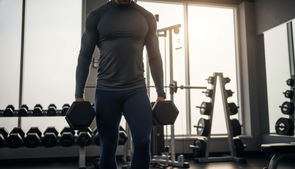 A fit individual in modest athletic wear confidently performs the Farmer's Carry exercise, holding heavy weights in each hand. The scene captures the determination in their expression, showcasing a focus on grip strength and overall stability. In the foreground, the individual is centered, muscles engaged, demonstrating excellent posture. The middle ground features a gym setting with weights and fitness equipment arranged neatly, creating an inviting atmosphere for training. The background includes soft, diffused lighting that emphasizes the subject while creating a warm, motivating ambiance. The composition is shot from a low angle, giving a dynamic perspective and highlighting the effort involved in the exercise, while conveying a sense of empowerment and commitment to fitness.