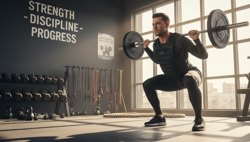 A focused shot of a fit individual in modest athletic wear, wearing a weighted vest, performing resistance training in a gym setting. In the foreground, the person is executing a squat with proper form, showcasing muscular definition. The middle ground features gym equipment like dumbbells and resistance bands, hinting at a dynamic workout environment. The background reveals large windows allowing natural light to filter in, illuminating the space with a warm glow. Use a slightly angled perspective for depth, capturing the intensity and effort of the exercise. The atmosphere conveys a sense of determination and empowerment, with motivational gym decor subtly visible, emphasizing the importance of weighted vests in enhancing workout effectiveness for weight loss.