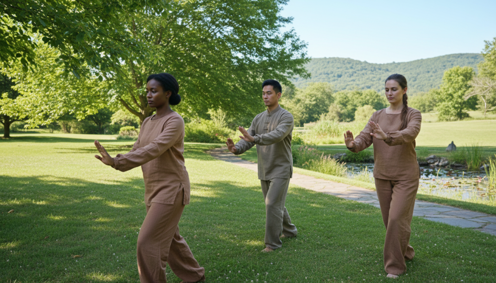 A peaceful outdoor setting showing a diverse group of beginners practicing Tai Chi walking on a sunlit grassy area. In the foreground, three individuals, dressed in comfortable, modest athletic clothing, are performing slow, fluid movements, focusing on their balance and posture. The middle ground features lush trees and a serene garden path, enhancing the tranquility of the scene. Soft sunlight filters through the branches, creating dappled shadows on the ground. In the background, gentle hills roll under a clear blue sky, adding depth to the composition. The mood is calm and inviting, evoking a sense of mindfulness and connection with nature. The angle captures the elegance of the Tai Chi movements while ensuring the focus remains on the participants’ form and expression of concentration.