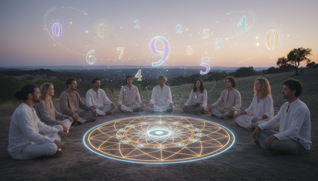 A serene, captivating scene depicting the essence of numerology and spiritual awakening. In the foreground, a wise, diverse group of individuals dressed in modest casual clothing sit cross-legged around a glowing, intricate mandala design, symbolizing the interconnectedness of numbers and spirituality. In the middle, ethereal numbers softly float in the air, shimmering and pulsating with light, surrounded by subtle cosmic elements, like stars and wisps of energy. The background features a tranquil landscape with gentle hills and an expansive sky painted in soft pastels during twilight, creating an atmosphere of peace and introspection. Soft, ambient lighting bathes the scene, enhancing the mystical quality and inviting viewers into a state of contemplation and connection with their inner selves.