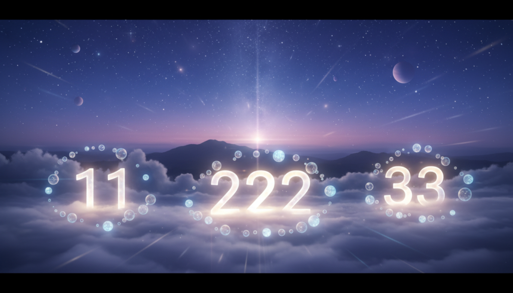 A serene cosmic landscape featuring ethereal angel numbers radiating from swirling clouds and shining starlight. In the foreground, depict luminous numbers like 111, 222, and 333 glowing brightly, surrounded by gentle, shimmering orbs of light. The middle ground showcases a calm, twilight sky transitioning from deep indigo to soothing purples, with celestial bodies like stars and planets softly twinkling. In the background, a silhouette of a tranquil mountain range under the starry sky enhances the sense of peace. Soft, diffused lighting creates a mystical and uplifting atmosphere, symbolizing spiritual guidance. Use a wide-angle lens effect to capture the vastness of the scene, evoking feelings of wonder and connection to the universe.