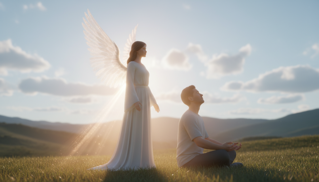 A serene, ethereal scene depicting guardian angels providing spiritual protection. In the foreground, a luminous guardian angel with delicate, shimmering wings stands protectively beside a calm, contemplative figure dressed in modest casual clothing, gazing upward with a sense of peace. The middle ground features an aura of soft, glowing light emanating from the angels, creating a warm and inviting atmosphere. The background reveals a tranquil landscape with gentle rolling hills and a soft blue sky, dotted with fluffy white clouds. The lighting is soft and diffused, casting a gentle glow that enhances the divine ambiance. The overall mood is one of tranquility, safety, and spiritual guidance, embodying the essence of guardian angels enveloping their charge in loving protection. A serene, ethereal scene depicting guardian angels providing spiritual protection. In the foreground, a luminous guardian angel with delicate, shimmering wings stands protectively beside a calm, contemplative figure dressed in modest casual clothing, gazing upward with a sense of peace. The middle ground features an aura of soft, glowing light emanating from the angels, creating a warm and inviting atmosphere. The background reveals a tranquil landscape with gentle rolling hills and a soft blue sky, dotted with fluffy white clouds. The lighting is soft and diffused, casting a gentle glow that enhances the divine ambiance. The overall mood is one of tranquility, safety, and spiritual guidance, embodying the essence of guardian angels enveloping their charge in loving protection.