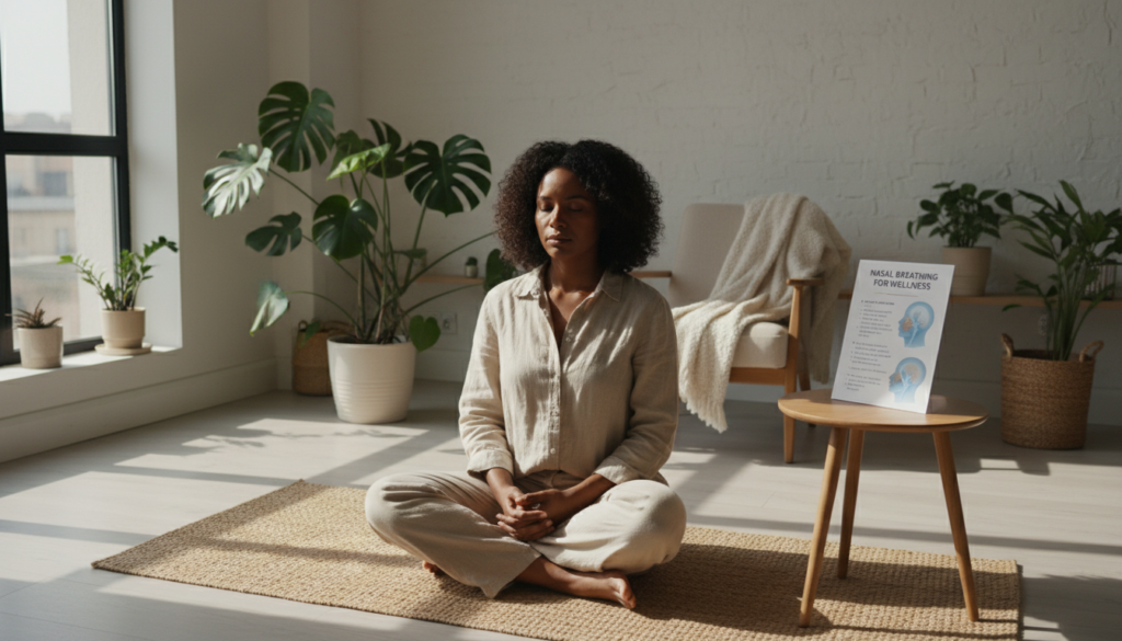 A serene indoor setting depicting a person practicing essential nasal breathing techniques. In the foreground, a diverse individual sits cross-legged on a yoga mat, dressed in modest casual clothing, eyes closed in deep concentration. The middle background features a softly lit room filled with plants and calming decor, enhancing the tranquility of the environment. Natural light streams through a window, casting gentle shadows that create a peaceful atmosphere. On a small table nearby, there's a breathing guide illustrating nasal breathing methods, with visuals of nasal pathways highlighted. The angle is slightly elevated, capturing both the subject's focused expression and the inviting ambiance of the room. The overall mood is calm and focused, promoting the importance of mindful breathing in daily life. A serene indoor setting depicting a person practicing essential nasal breathing techniques. In the foreground, a diverse individual sits cross-legged on a yoga mat, dressed in modest casual clothing, eyes closed in deep concentration. The middle background features a softly lit room filled with plants and calming decor, enhancing the tranquility of the environment. Natural light streams through a window, casting gentle shadows that create a peaceful atmosphere. On a small table nearby, there's a breathing guide illustrating nasal breathing methods, with visuals of nasal pathways highlighted. The angle is slightly elevated, capturing both the subject's focused expression and the inviting ambiance of the room. The overall mood is calm and focused, promoting the importance of mindful breathing in daily life.