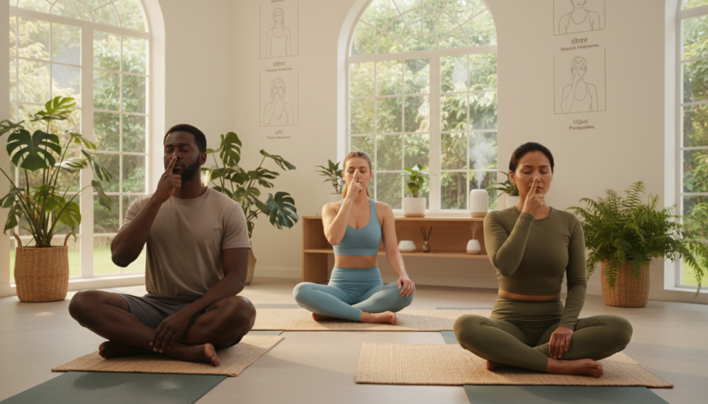 A serene indoor space featuring a diverse group of three individuals practicing nasal breathing exercises. In the foreground, a man and woman sit comfortably on yoga mats, with their eyes closed, demonstrating focused breathing techniques. The middle section shows a calming, well-lit room adorned with plants and soft natural light filtering through large windows. The background includes a subtle display of breathing technique illustrations on the walls. The atmosphere is tranquil and rejuvenating, emphasizing mindfulness and relaxation. The subjects are dressed in professional, modest activewear, showcasing diversity in age and ethnicity. Use soft, warm lighting to create a calming effect, captured from a slightly elevated angle to emphasize the breathing exercise posture.