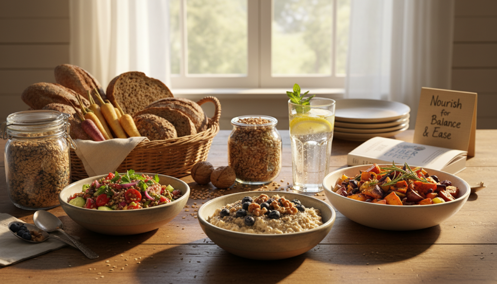 A serene kitchen setting featuring a variety of fiber-rich foods on a rustic wooden table, including oats, legumes, vegetables, and whole grains. In the foreground, beautifully arranged bowls of these foods interact harmoniously, with bright, fresh colors emphasizing their healthy appeal. The middle ground showcases a clear glass of water infused with lemon slices, symbolizing hydration's role in digestion. In the background, gentle sunlight streams through a window, illuminating the scene and creating a warm, inviting atmosphere. Soft shadows cast by the food enhance the depth and texture of the image. The overall mood is uplifting and energizing, inviting viewers to appreciate the benefits of fiber for blood sugar stability and effortless weight control.