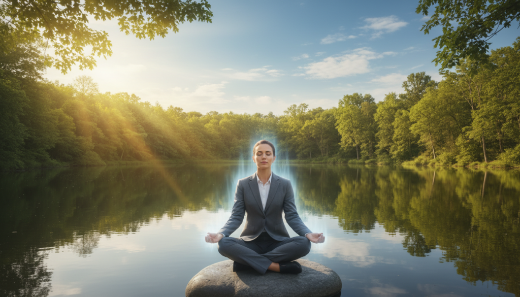 A serene landscape depicting mental clarity: in the foreground, a tranquil figure in professional business attire sits cross-legged on a smooth stone, meditating with eyes closed, radiating a soft, peaceful aura. In the middle ground, lush green trees surround a calm, reflective lake, symbolizing emotional healing. The background features a bright blue sky with wispy clouds, suggesting freedom and clarity. Golden sunlight filters through the trees, casting warm, gentle rays onto the scene, enhancing the atmosphere of tranquility and introspection. The composition should be captured from a slightly elevated angle to showcase the serene setting, inviting the viewer into a moment of peaceful reflection and emotional forgiveness. The overall mood is calm, uplifting, and inspiring.