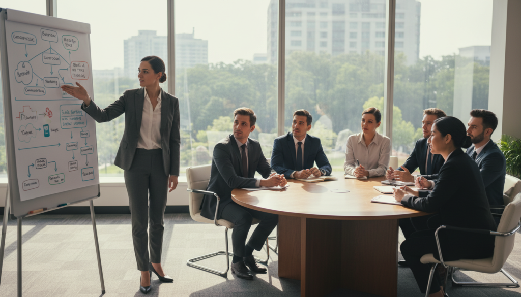 A serene office environment with a diverse group of professionals engaged in a thought-challenging session. In the foreground, a confident woman in business attire points to a large whiteboard filled with colorful mind maps and diagrams illustrating cognitive distortions. In the middle ground, a diverse mix of men and women, also in professional attire, are seated at a round table, actively discussing ideas with visible expressions of curiosity and engagement. The background features large windows allowing soft, natural light to flood the room, enhancing the atmosphere of focus and collaboration. The overall mood is inspiring and proactive, emphasizing teamwork and problem-solving strategies. The scene is captured in a slightly elevated angle, focusing on the interaction and camaraderie among the participants.