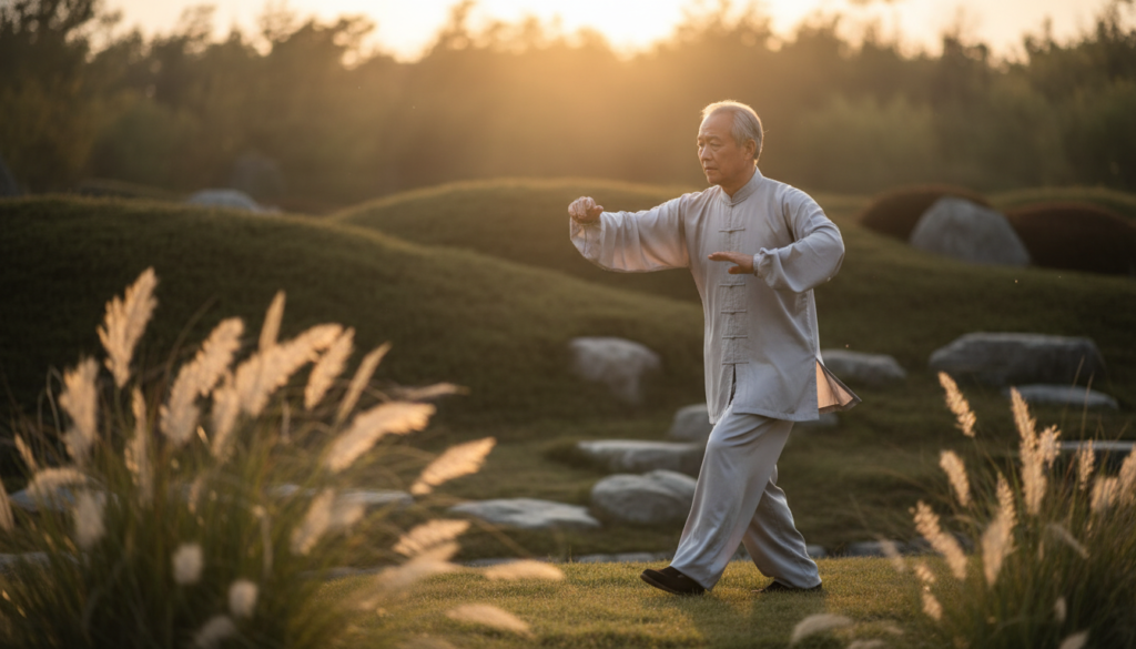 A serene outdoor setting at sunset showcases an elderly Asian man practicing Tai Chi walking, embodying the principles of fluid weight shift. In the foreground, capture the man mid-step, his body gracefully transitioning from one foot to the other, illustrating balance and poise. Dressed in a modest, light-colored traditional Tai Chi outfit, he appears focused and peaceful. In the middle ground, include soft, flowing grasses that mirror the fluidity of his movement, gently swaying in the evening breeze. The background features a tranquil garden with gentle slopes and lush greenery, bathed in warm, golden light that creates a calming atmosphere. The image should convey harmony and balance, with a shallow depth of field emphasizing the practitioner while softly blurring the background to enhance the sense of serenity.