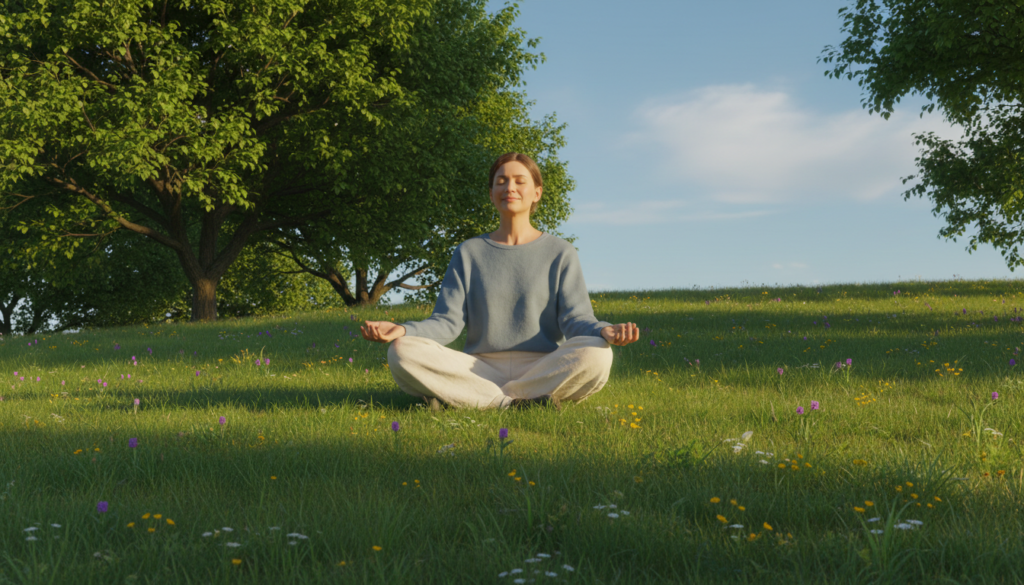 A serene scene depicting self-compassion, focused on a person sitting cross-legged on a soft, grassy hill. In the foreground, the individual is dressed in modest casual clothing, with a gentle smile and closed eyes, embodying a sense of peaceful reflection. In the middle ground, a warm light filters through a canopy of lush green trees, casting dappled shadows on the ground. In the background, a tranquil blue sky with fluffy white clouds enhances the peaceful atmosphere. The scene captures a moment of deep introspection and acceptance, with soft, warm lighting to evoke feelings of tenderness and calm, suggesting a journey toward healing and clarity. The angle is slightly elevated to showcase the beautiful setting and the person in the midst of nature.