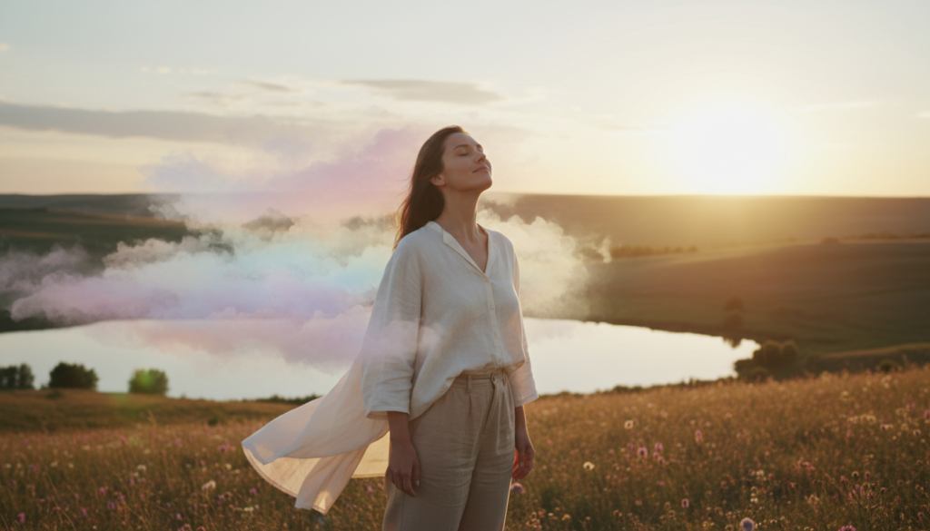 A serene scene depicting the concept of self-forgiveness. In the foreground, a woman in modest casual clothing stands with her eyes closed, taking a deep breath, representing inner peace and release. Her expression is soft, reflecting a sense of relief and acceptance. In the middle ground, gentle, swirling clouds of pastel colors symbolize the emotions being released, creating a dreamlike quality. The background features a tranquil landscape with a soft sunset, casting warm golden light that bathes the scene, enhancing the feelings of hope and clarity. The composition is balanced, with a slight depth of field to focus on the woman, evoking a calm and reflective atmosphere, inviting the viewer to feel the weight of resentment lifting.