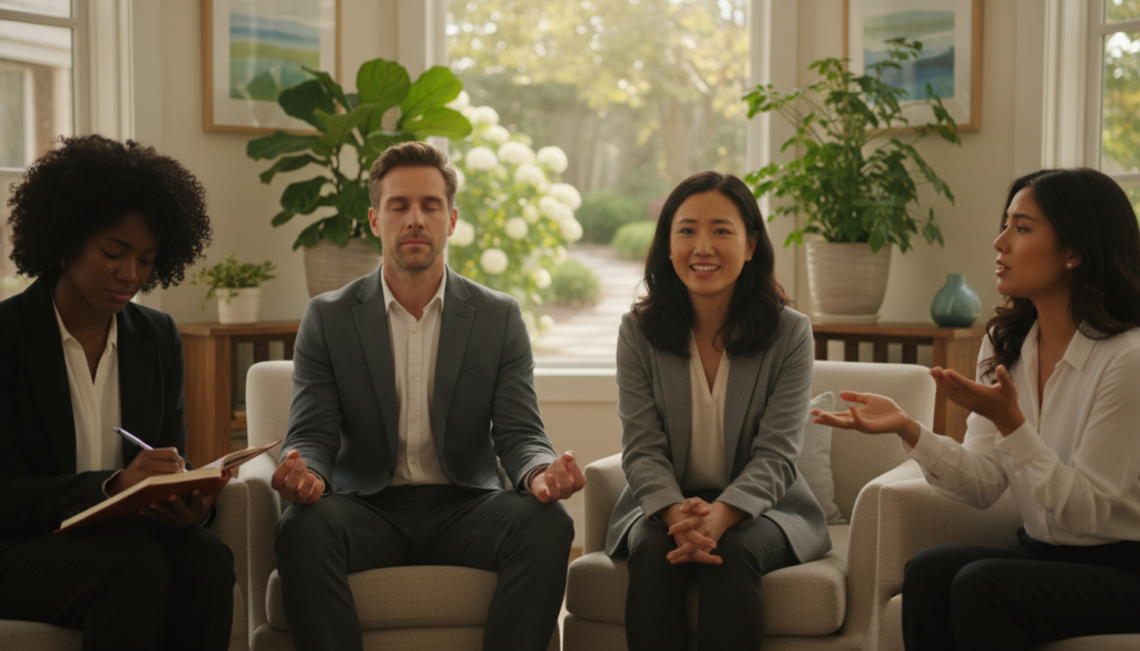 A serene, softly-lit therapy room bathed in warm, natural light. In the foreground, a diverse group of three individuals—two women and one man—sitting in professional business attire, each engaged in a different emotional release technique such as journaling, meditating, or discussing their feelings. In the middle, a therapist with an empathetic expression guides them gently. The background features calming elements like plants, abstract art, and a window showing a tranquil garden, contributing to a peaceful atmosphere. The scene is framed with a slight depth of field, focusing on the emotional expressions of the individuals while maintaining a sense of connection and support. The overall mood is one of understanding, clarity, and emotional healing.