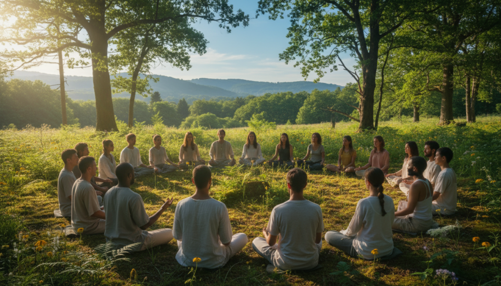 A serene spiritual community gathering in a sunlit forest clearing. In the foreground, a diverse group of individuals dressed in modest casual clothing, engaged in deep conversation and meditation. They are seated in a circle, reflecting various backgrounds and ethnicities, symbolizing unity. The middle ground features lush greenery with soft, dappled sunlight filtering through the trees, creating a warm and inviting atmosphere. In the background, gentle hills roll softly under a clear blue sky. The lighting is soft and ethereal, highlighting the sense of connection and self-awareness among the participants. The overall mood is peaceful and uplifting, encouraging a feeling of belonging and spiritual growth. Use a wide-angle lens to capture the expansive beauty of the scene. A serene spiritual community gathering in a sunlit forest clearing. In the foreground, a diverse group of individuals dressed in modest casual clothing, engaged in deep conversation and meditation. They are seated in a circle, reflecting various backgrounds and ethnicities, symbolizing unity. The middle ground features lush greenery with soft, dappled sunlight filtering through the trees, creating a warm and inviting atmosphere. In the background, gentle hills roll softly under a clear blue sky. The lighting is soft and ethereal, highlighting the sense of connection and self-awareness among the participants. The overall mood is peaceful and uplifting, encouraging a feeling of belonging and spiritual growth. Use a wide-angle lens to capture the expansive beauty of the scene.