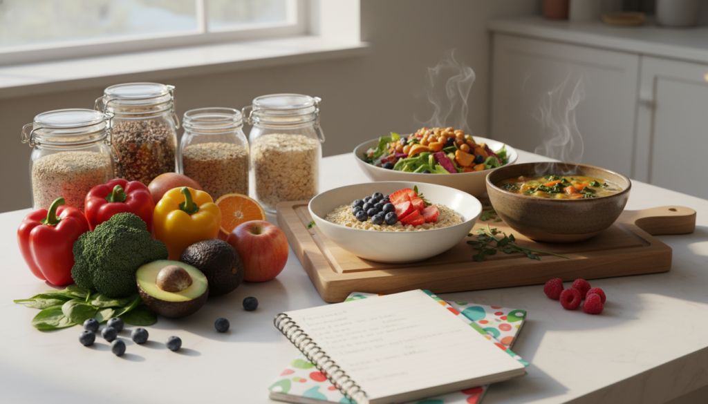 A vibrant kitchen counter filled with a selection of high-fiber ingredients for meal planning. In the foreground, an open notebook and a colorful planner, surrounded by fresh vegetables, fruits, and whole grains like quinoa, lentils, and oats. In the middle, a variety of high-fiber dishes such as a colorful salad, a bowl of oatmeal with berries, and a hearty vegetable soup, beautifully arranged. In the background, soft morning light streams through a window, illuminating the scene and creating a warm, inviting atmosphere. The camera angle is slightly overhead, showcasing the meal prep in an organized, creative manner. The mood is positive and motivational, highlighting the joy of strategic meal planning for a healthier lifestyle. A vibrant kitchen counter filled with a selection of high-fiber ingredients for meal planning. In the foreground, an open notebook and a colorful planner, surrounded by fresh vegetables, fruits, and whole grains like quinoa, lentils, and oats. In the middle, a variety of high-fiber dishes such as a colorful salad, a bowl of oatmeal with berries, and a hearty vegetable soup, beautifully arranged. In the background, soft morning light streams through a window, illuminating the scene and creating a warm, inviting atmosphere. The camera angle is slightly overhead, showcasing the meal prep in an organized, creative manner. The mood is positive and motivational, highlighting the joy of strategic meal planning for a healthier lifestyle.