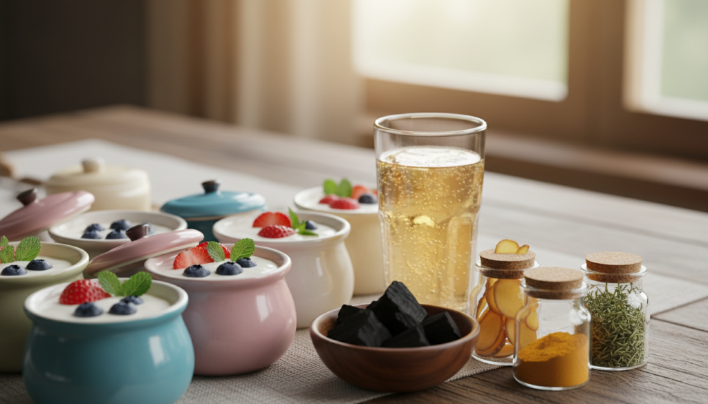 A vibrant tabletop arrangement showcasing an assortment of probiotics and flavor boosters. In the foreground, a variety of colorful probiotic yogurt pots, some adorned with fresh fruit like strawberries and blueberries. Beside them, jars of natural flavor enhancers, such as ginger, turmeric, and mixed herbs, add depth to the scene. The middle ground features a small bowl of activated charcoal and a glass of kombucha, bubbling with effervescence. The background is softly blurred to highlight the main subjects, with a warm, natural light filtering through, creating a cozy, health-conscious atmosphere. The composition should evoke a sense of vitality and wellness, perfect for supporting gut and immune health.