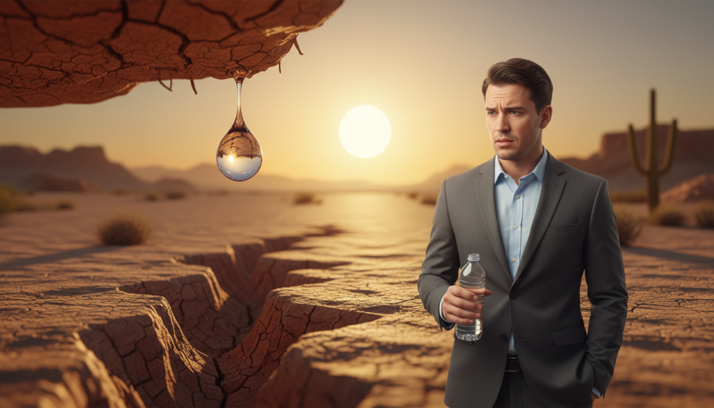 A visually striking illustration depicting the concept of dehydration risks, focusing on a balanced composition. In the foreground, a close-up of a water droplet poised precariously on the edge of a dry, cracked earth surface, symbolizing scarcity. In the middle ground, show a human figure dressed in professional attire, looking concerned while holding a transparent water bottle, representing awareness of hydration. The background features a bright, arid landscape under a harsh sun, casting strong shadows that emphasize the urgency of the situation. Utilize warm lighting to create a vibrant atmosphere, and a shallow depth of field to draw attention to the foreground elements while softly blurring the distant landscape. The overall mood should evoke a sense of caution and awareness regarding the implications of dehydration.