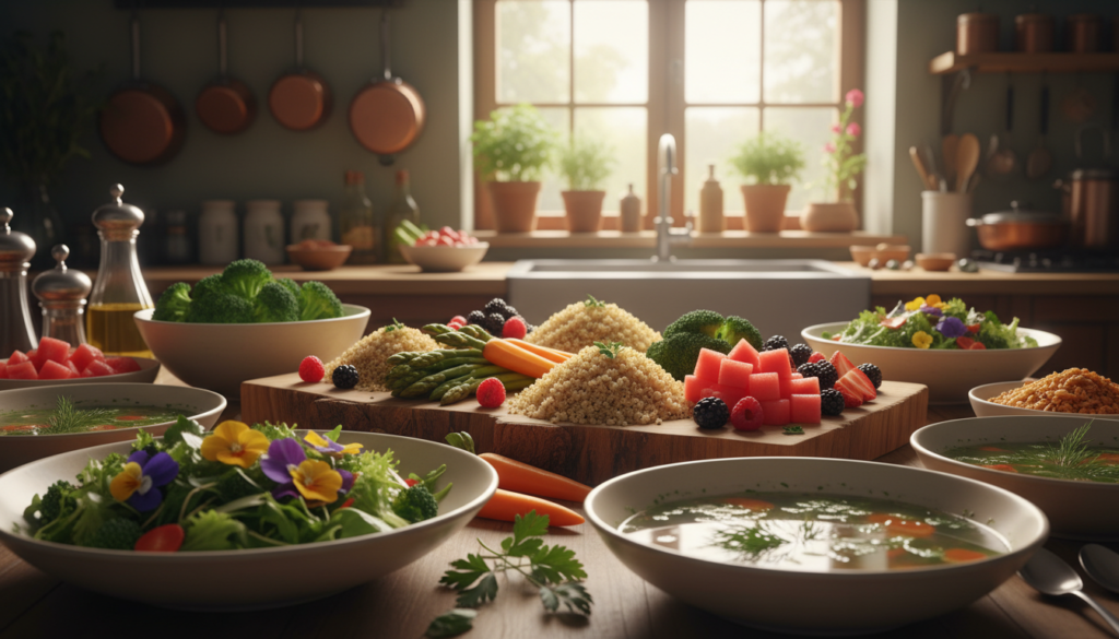 A beautifully arranged dining table featuring an array of low-calorie, high-volume dishes, showcasing vibrant colors and textures. In the foreground, large, shallow bowls filled with generous servings of colorful salads, steamed vegetables, and hearty soups; all garnished with fresh herbs. In the middle, a rustic wooden serving platter displays whole grains like quinoa and bulgur, interspersed with bright, juicy fruits like watermelon and berries. The background captures a softly lit kitchen with warm, ambient light filtering through a window, creating a cozy atmosphere. The scene evokes feelings of abundance and creativity, suggesting a healthy and inviting approach to meal preparation.