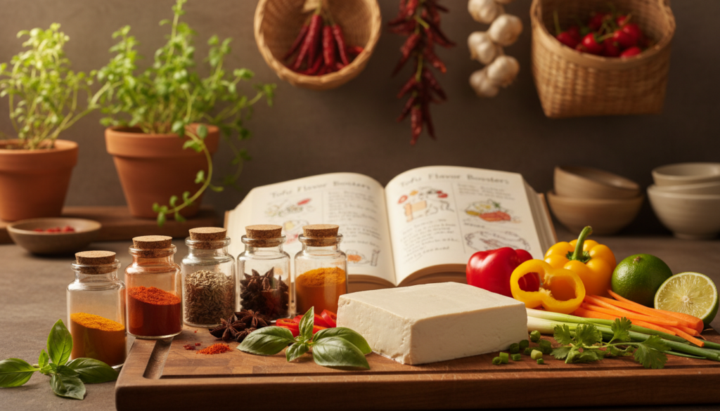 A beautifully arranged kitchen countertop featuring a variety of tofu flavor infusion ingredients. In the foreground, a block of creamy, white tofu sits on a wooden cutting board, surrounded by fresh herbs like basil and cilantro, vibrant spices in small glass jars, and colorful vegetables such as bell peppers and carrots. In the middle, a well-used cookbook opened to a page with infusion tips can be seen. The background showcases soft-focus kitchen elements, like potted plants and hanging spices, with warm, natural lighting that creates an inviting atmosphere. The composition should evoke a sense of culinary creativity and inspiration for flavor experimentation with tofu. Use a shallow depth of field to highlight the ingredients prominently.