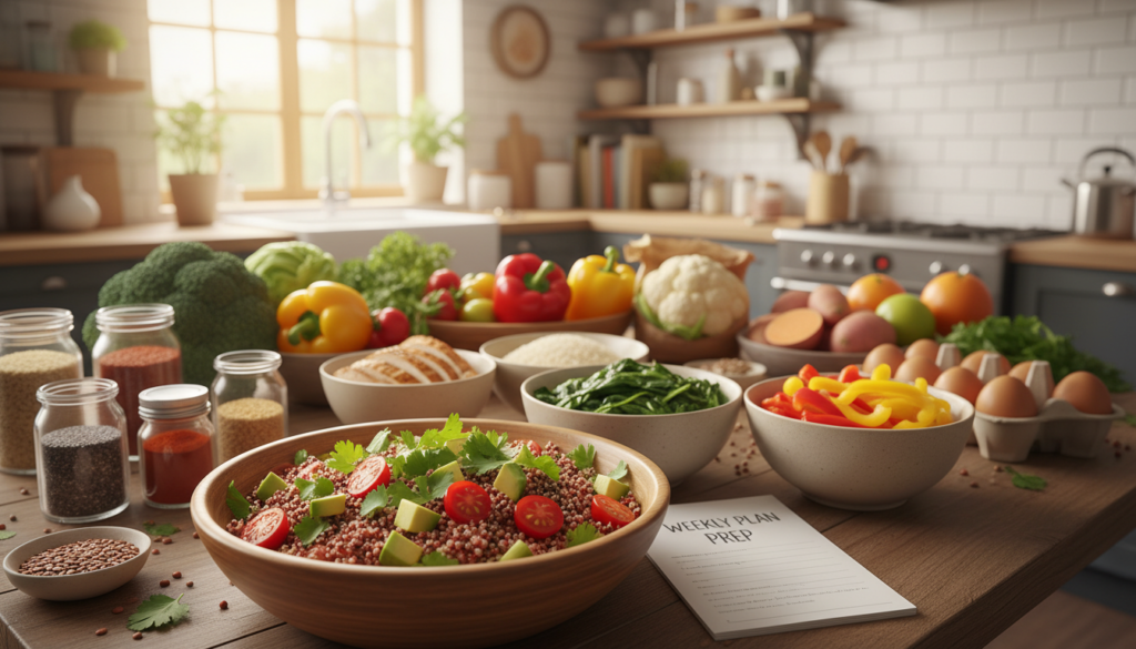 A beautifully arranged table featuring an array of healthy ingredients for complex meals, showcasing vibrant vegetables, lean proteins, and whole grains. In the foreground, a colorful salad is artfully mixed with quinoa, cherry tomatoes, and avocados, garnished with herbs. The middle layer includes bowls of prepared ingredients like roasted chicken, sautéed spinach, and bright bell peppers, emphasizing meal prepping and organization. In the background, a soft-focus kitchen setting enhances the atmosphere of meal preparation. Warm, natural lighting bathes the scene, creating an inviting and wholesome ambiance. The angle captures the table at a three-quarter view, inviting the viewer to feel engaged in the process of healthy eating. The mood is uplifting and motivational, reflecting the theme of overcoming challenges in meal preparation. A beautifully arranged table featuring an array of healthy ingredients for complex meals, showcasing vibrant vegetables, lean proteins, and whole grains. In the foreground, a colorful salad is artfully mixed with quinoa, cherry tomatoes, and avocados, garnished with herbs. The middle layer includes bowls of prepared ingredients like roasted chicken, sautéed spinach, and bright bell peppers, emphasizing meal prepping and organization. In the background, a soft-focus kitchen setting enhances the atmosphere of meal preparation. Warm, natural lighting bathes the scene, creating an inviting and wholesome ambiance. The angle captures the table at a three-quarter view, inviting the viewer to feel engaged in the process of healthy eating. The mood is uplifting and motivational, reflecting the theme of overcoming challenges in meal preparation.
