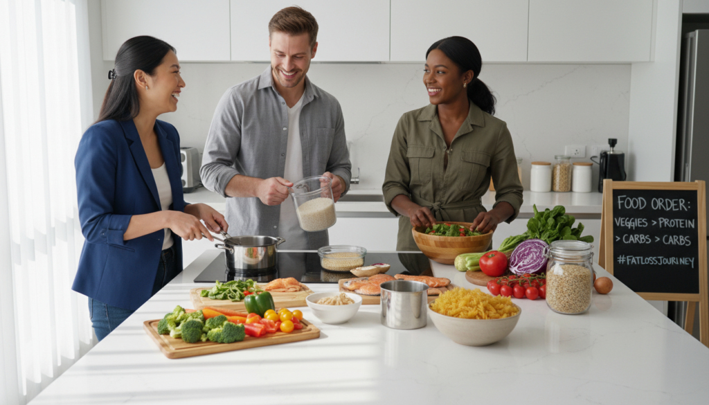 A bright, modern kitchen setting as the backdrop, showcasing a sleek countertop filled with various nutritious food items. In the foreground, a diverse group of three people—an Asian woman, a Caucasian man, and a Black woman—are engaged in a lighthearted discussion while preparing a meal, each dressed in professional casual attire. The middle ground features an artistic arrangement of colorful vegetables, lean proteins, and whole grains, with a bowl of cooked pasta and a measuring cup of rice prominently saved for last. Soft, natural lighting filters in through a nearby window, casting gentle shadows and creating an inviting atmosphere. The angle captures the warmth of the interaction among the individuals while highlighting the concept of nutrition optimization, emphasizing the importance of food order in the fat loss journey. A bright, modern kitchen setting as the backdrop, showcasing a sleek countertop filled with various nutritious food items. In the foreground, a diverse group of three people—an Asian woman, a Caucasian man, and a Black woman—are engaged in a lighthearted discussion while preparing a meal, each dressed in professional casual attire. The middle ground features an artistic arrangement of colorful vegetables, lean proteins, and whole grains, with a bowl of cooked pasta and a measuring cup of rice prominently saved for last. Soft, natural lighting filters in through a nearby window, casting gentle shadows and creating an inviting atmosphere. The angle captures the warmth of the interaction among the individuals while highlighting the concept of nutrition optimization, emphasizing the importance of food order in the fat loss journey.