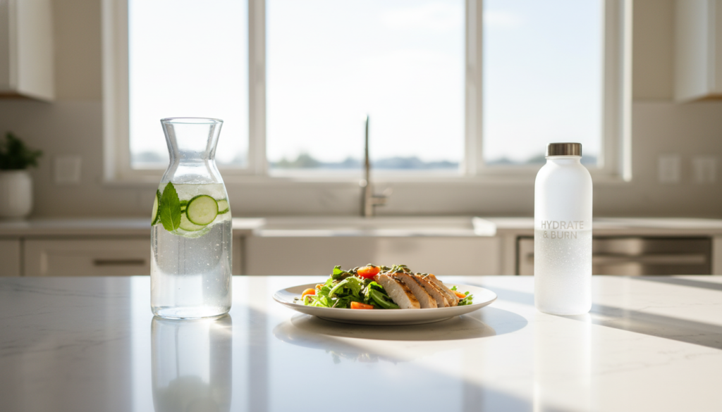 A bright, modern kitchen with a spacious counter in the foreground, featuring a clear glass pitcher filled with refreshing water infused with vibrant cucumber slices and fresh mint leaves. A sleek water bottle sits beside it, with droplets glistening on its surface. In the middle, a balanced meal, including a colorful salad with greens, cherry tomatoes, and lean protein, represents nutrition supporting hydration. In the background, sunlight streams through a large window, casting a warm glow throughout the room, enhancing a feeling of freshness and vitality. The overall atmosphere is one of health and wellness, encouraging viewers to envision their hydration routine as essential for optimal fat-burning efficiency. The scene should evoke a sense of motivation and clarity, inviting viewers to embrace the importance of staying hydrated. A bright, modern kitchen with a spacious counter in the foreground, featuring a clear glass pitcher filled with refreshing water infused with vibrant cucumber slices and fresh mint leaves. A sleek water bottle sits beside it, with droplets glistening on its surface. In the middle, a balanced meal, including a colorful salad with greens, cherry tomatoes, and lean protein, represents nutrition supporting hydration. In the background, sunlight streams through a large window, casting a warm glow throughout the room, enhancing a feeling of freshness and vitality. The overall atmosphere is one of health and wellness, encouraging viewers to envision their hydration routine as essential for optimal fat-burning efficiency. The scene should evoke a sense of motivation and clarity, inviting viewers to embrace the importance of staying hydrated.