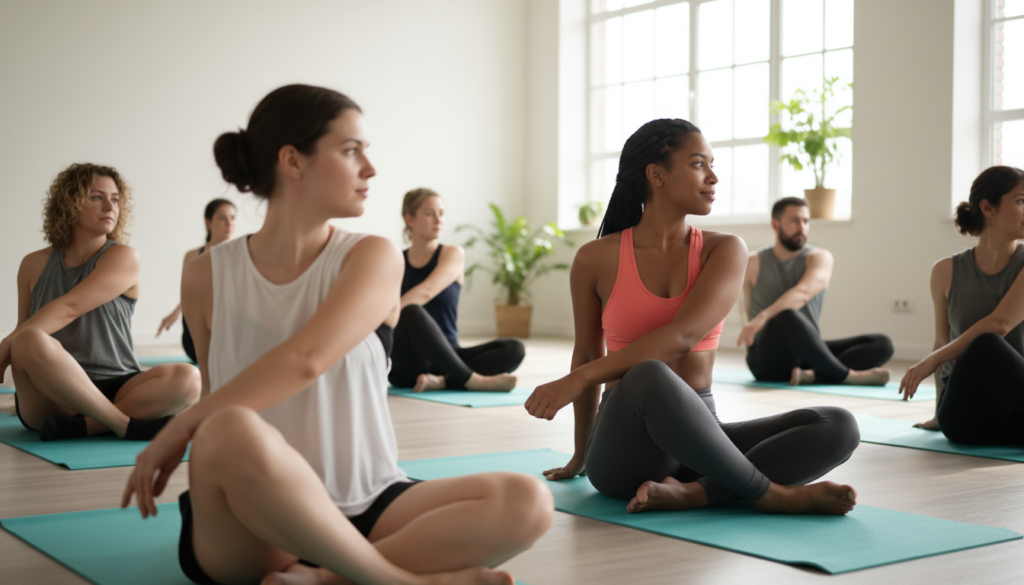 A bright, well-lit fitness studio showcases a diverse group of individuals performing seated thoracic twists on yoga mats. In the foreground, one person executes the twist, sitting cross-legged with an upright posture, wearing comfortable athletic wear. Another participant, seen from the side, engages in the stretch, demonstrating upper back mobility. The middle ground features additional individuals in various stages of the drill, each focused on their alignment, showcasing a mix of genders and body types to emphasize inclusivity. The background includes large windows allowing natural light to flood the space, creating an airy, energetic ambiance. Soft shadows add depth, while the overall mood conveys a sense of tranquility and self-care. The image is captured with a medium zoom lens to emphasize the intricate movements and expressions of concentration.