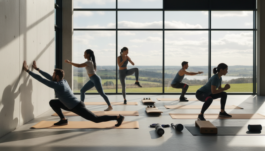 A contemporary fitness studio with ample natural light illuminating the space. In the foreground, a diverse group of individuals in modest athletic wear is performing advanced hip mobility drills. One person is executing a dynamic lunge twist, while another is demonstrating a pigeon stretch against a wall. The middle ground features yoga mats and balance props neatly arranged, adding an organized feel. In the background, large windows display a serene outdoor landscape, enhancing a calm atmosphere. Soft, diffused lighting casts gentle shadows, creating an inviting vibe. The composition conveys focus and dedication to wellness, encapsulating the essence of hip mobility and core stability exercises without distractions.