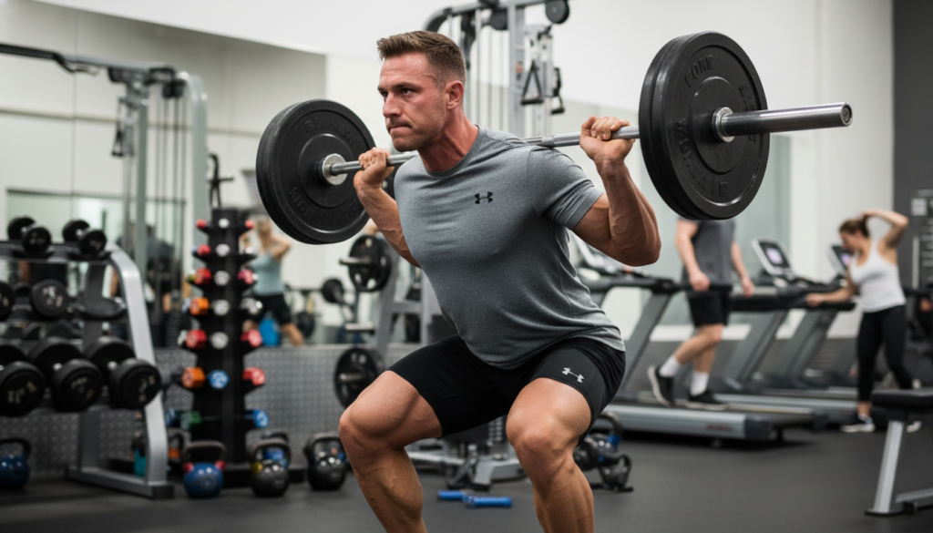 A dynamic fitness scene showcasing muscle hypertrophy and eccentric movements, with a focus on a well-built athlete in professional athletic attire, performing a slow, controlled negative squat. In the foreground, the athlete, demonstrating intense concentration, is mid-movement with distinct muscle definition and an emphasis on muscle fibers under tension. The middle ground features a gym environment with weights and workout equipment, creating an authentic training atmosphere. The background includes blurred gym-goers engaged in various exercises, adding depth. The lighting is bright yet soft, highlighting the athlete's form, with a shallow depth of field to emphasize the subject. The overall mood conveys determination, strength, and the importance of technique in maximizing muscle growth through time under tension.