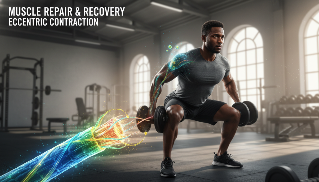 A dynamic illustration of muscle damage repair focusing on the recovery process after eccentric muscle contractions. In the foreground, a close-up of a muscle fiber being mended, depicted as bright, vibrant strands coming together, symbolizing healing. In the middle ground, a professional athlete, wearing athletic gear, is performing a controlled eccentric exercise, embodying strength and focus, with sweat glistening on their skin. The background showcases a well-lit gym environment, with soft natural light filtering through large windows, highlighting the athlete’s form. The atmosphere conveys a sense of determination and resilience, emphasizing the importance of recovery strategies. The composition should be in sharp focus, with a slight depth of field creating an engaging visual narrative around muscle repair.