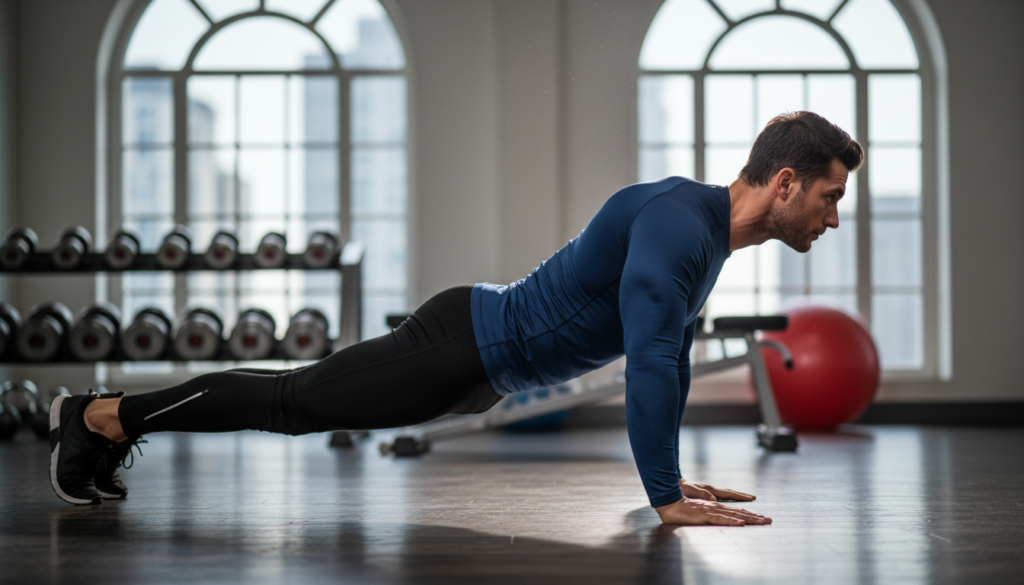 A fit individual performing a push-up with perfect form in a well-lit gym environment, showcasing the best technique for core stability. The person, wearing a fitted, modest athletic outfit, engages their core muscles visibly throughout the movement. The foreground highlights the body alignment—straight back, hands beneath shoulders, and feet together—emphasizing proper posture to mitigate back pain. In the middle ground, gym equipment like dumbbells and a stability ball can be seen, conveying an active atmosphere. The background features a soft-focus view of a motivating gym space with natural light streaming in through large windows, creating an inspiring and energetic mood. The angle captures the side view of the push-up, focusing on the body's alignment, showcasing the importance of stabilizing the core.