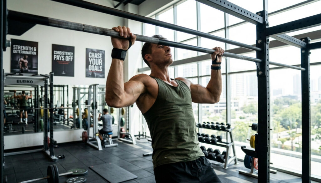 A fit individual performing chin-ups on a sleek metal pull-up bar in a modern gym environment. In the foreground, focus on the person’s grip, highlighting well-defined biceps and engaged shoulders. The middle ground features gym equipment and motivational posters, enhancing the athletic atmosphere. The background should include large windows that let natural light flood the space, highlighting the subject's form and creating soft shadows. Use a low angle to capture the intensity of the exercise, with a slight depth of field to draw attention to the muscles in action. The overall mood conveys determination and strength, emphasizing the benefits of chin-ups for building upper-body muscle.