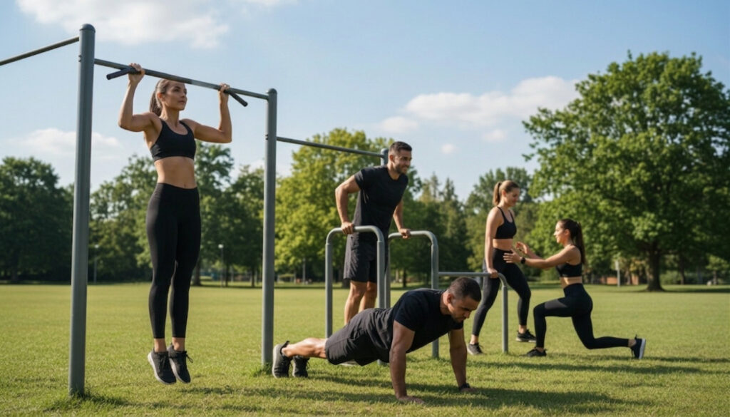 A focused scene showcasing a diverse group of individuals engaging in calisthenics exercises outdoors, demonstrating correct techniques and avoiding common mistakes. In the foreground, a fit woman performs a perfect pull-up, while a muscular man demonstrates proper push-up form beside her. The middle ground features others practicing dips and lunges, all wearing modest athletic attire. The background reveals a vibrant park setting with trees and a clear blue sky, creating an energetic atmosphere. Soft, natural lighting illuminates the scene, casting slight shadows to enhance muscular definition. The image conveys motivation and determination, emphasizing the idea of teamwork and learning, with a sense of professionalism throughout. A focused scene showcasing a diverse group of individuals engaging in calisthenics exercises outdoors, demonstrating correct techniques and avoiding common mistakes. In the foreground, a fit woman performs a perfect pull-up, while a muscular man demonstrates proper push-up form beside her. The middle ground features others practicing dips and lunges, all wearing modest athletic attire. The background reveals a vibrant park setting with trees and a clear blue sky, creating an energetic atmosphere. Soft, natural lighting illuminates the scene, casting slight shadows to enhance muscular definition. The image conveys motivation and determination, emphasizing the idea of teamwork and learning, with a sense of professionalism throughout.