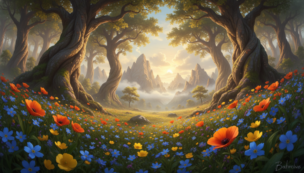 A majestic forest scene showcasing a dramatic perspective shift in nature. In the foreground, intricately detailed wildflowers bloom vibrantly, their colors bursting against the soft green grass. The middle ground features towering trees stretching upwards, their trunks twisting toward the sky, illuminated by dappled sunlight filtering through the leaves. In the background, a serene mountain range looms, partially shrouded in mist, enhancing the feeling of depth and vastness. The scene is captured with a wide-angle lens to exaggerate the perspective, creating an awe-inspiring atmosphere. Soft golden hour lighting bathes the landscape, evoking tranquility and wonder, inviting the viewer to explore the beauty and intricacies of the natural world.
