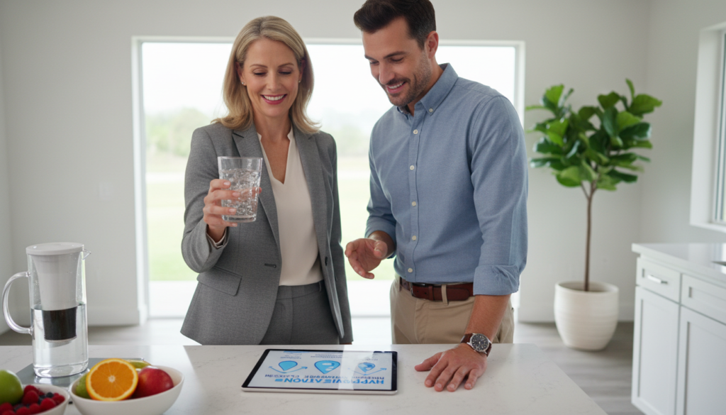 A professional-looking female and male duo in a modern kitchen, demonstrating the concept of drinking water for weight loss. The woman, wearing a stylish yet modest business outfit, holds a clear glass of water with refreshing ice cubes glistening, while the man, in smart casual attire, points towards a sleek infographic on the counter that illustrates hydration benefits. The foreground features fresh fruits and a water filter pitcher to emphasize health. In the middle, a sunlit space with clean lines and minimalist décor enhances the atmosphere, while in the background, a potted plant adds a touch of nature. The lighting is bright and inviting, capturing a sense of motivation and clarity as they embody healthy habits. The scene is composed with a medium angle to showcase interaction and the importance of hydration in weight management. A professional-looking female and male duo in a modern kitchen, demonstrating the concept of drinking water for weight loss. The woman, wearing a stylish yet modest business outfit, holds a clear glass of water with refreshing ice cubes glistening, while the man, in smart casual attire, points towards a sleek infographic on the counter that illustrates hydration benefits. The foreground features fresh fruits and a water filter pitcher to emphasize health. In the middle, a sunlit space with clean lines and minimalist décor enhances the atmosphere, while in the background, a potted plant adds a touch of nature. The lighting is bright and inviting, capturing a sense of motivation and clarity as they embody healthy habits. The scene is composed with a medium angle to showcase interaction and the importance of hydration in weight management.